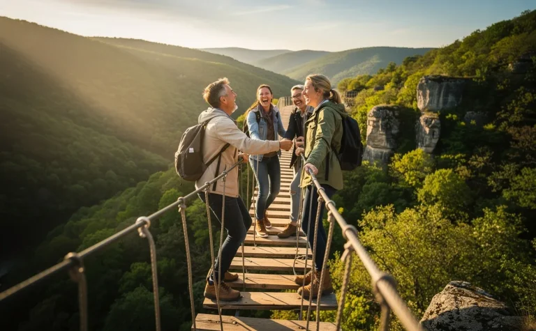 Une équipe de collègues traverse en riant un pont de corde au milieu des collines verdoyantes des Cévennes avec des rayons de soleil filtrant à travers les arbres.