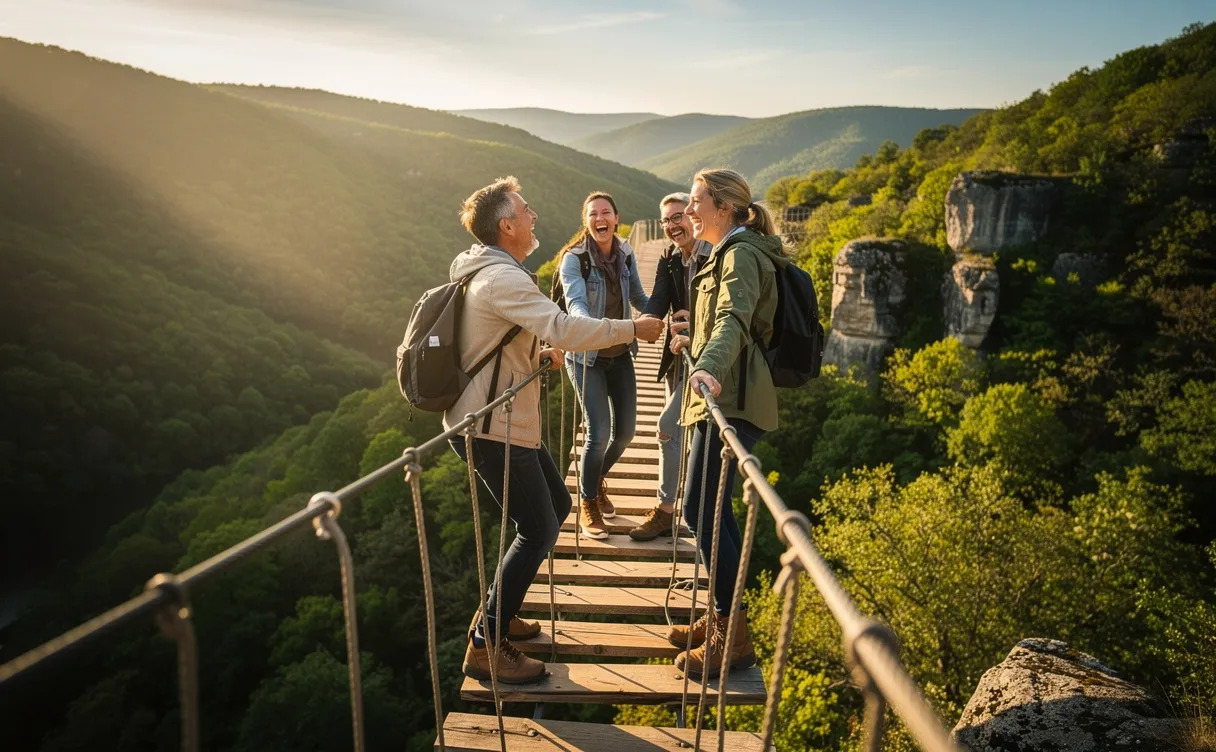 Une équipe de collègues traverse en riant un pont de corde au milieu des collines verdoyantes des Cévennes avec des rayons de soleil filtrant à travers les arbres.