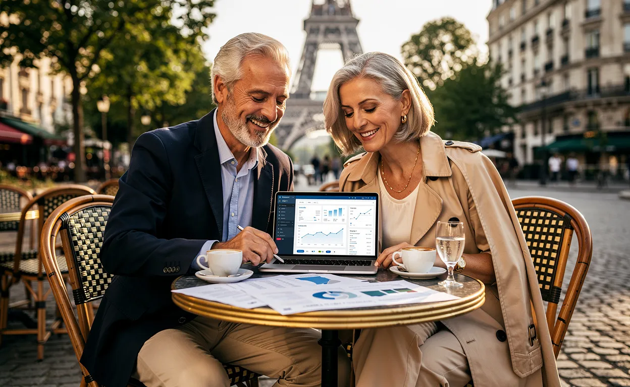 Un couple de retraités assis à la terrasse d’un café parisien examine des documents financiers, avec la tour Eiffel en arrière-plan sous une lumière d’après-midi.