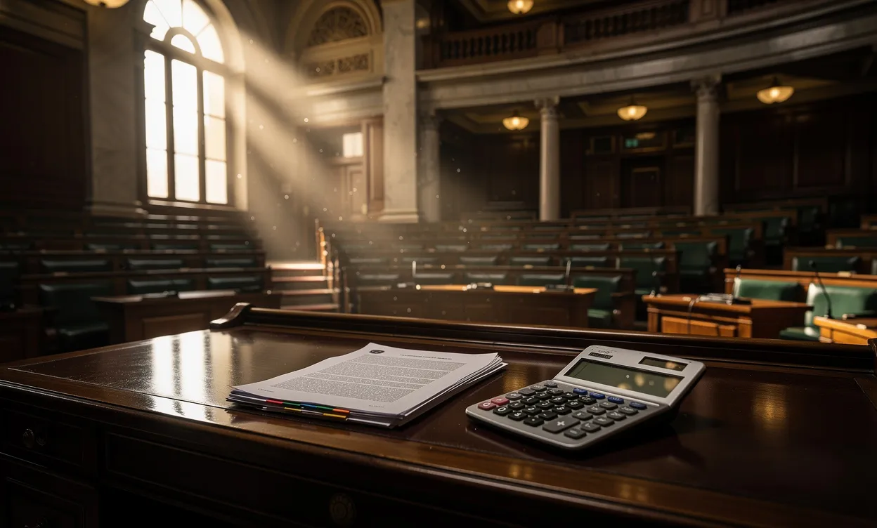 Salle parlementaire vide et élégante éclairée par la lumière, avec des documents officiels et une calculatrice sur un bureau en bois poli.