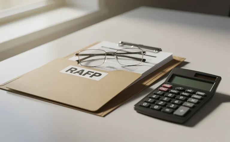 Un dossier ouvert marqué RAFP est posé à côté d’une calculatrice et de lunettes sur un bureau éclairé doucement par la lumière naturelle d’une fenêtre.