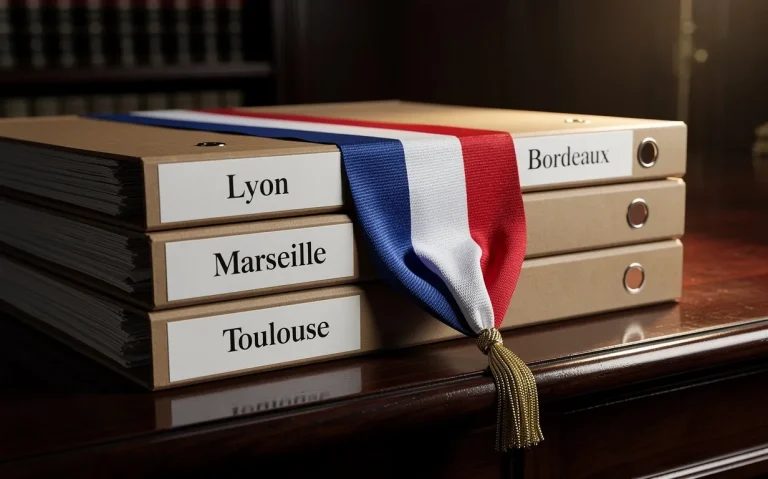 Des dossiers officiels empilés portant des noms de villes françaises reposent sur un bureau de juge, avec une écharpe tricolore posée dessus.