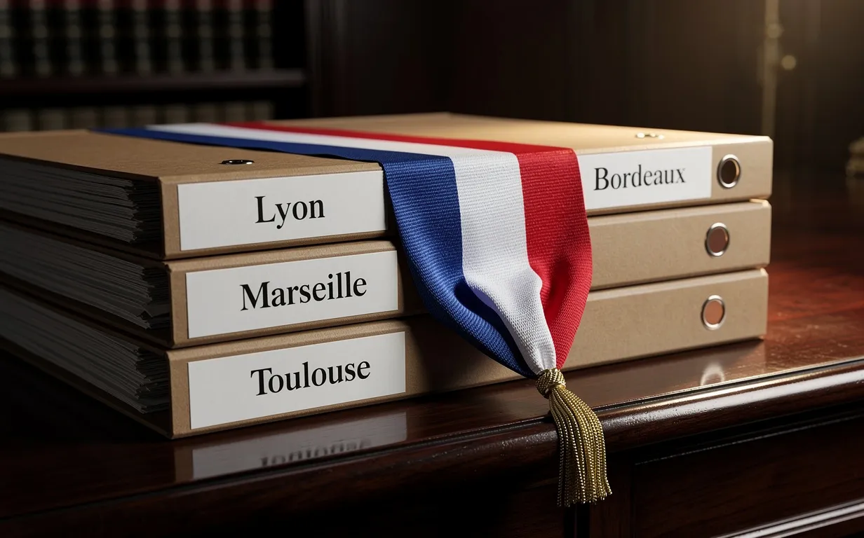 Des dossiers officiels empilés portant des noms de villes françaises reposent sur un bureau de juge, avec une écharpe tricolore posée dessus.