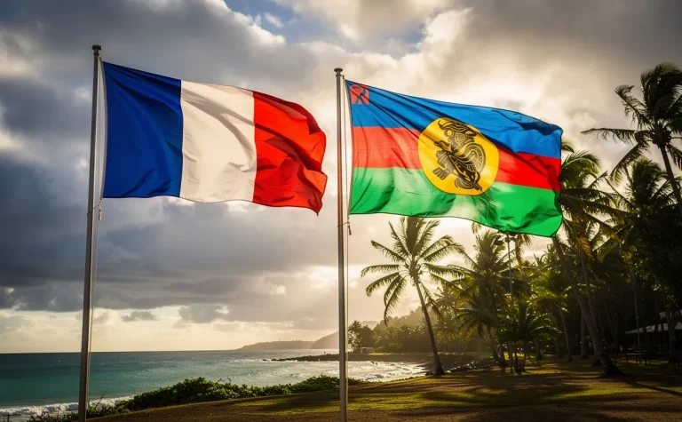 Les drapeaux français et kanak flottent côte à côte devant un paysage tropical de Nouvelle-Calédonie avec des palmiers et un ciel nuageux.