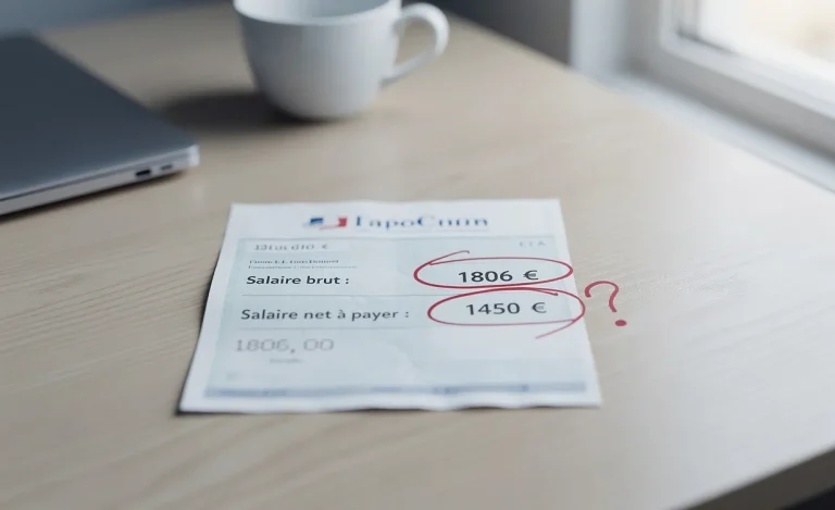 Un bulletin de salaire posé sur un bureau en bois met en évidence en rouge la différence entre le montant brut de 1806 euros et le net, éclairé par une lumière naturelle.