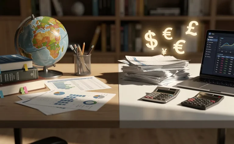 Deux bureaux voisins sont séparés par un rayon de soleil, l’un avec des livres économiques et un globe, l’autre avec des rapports financiers, des calculatrices et des symboles monétaires lumineux.