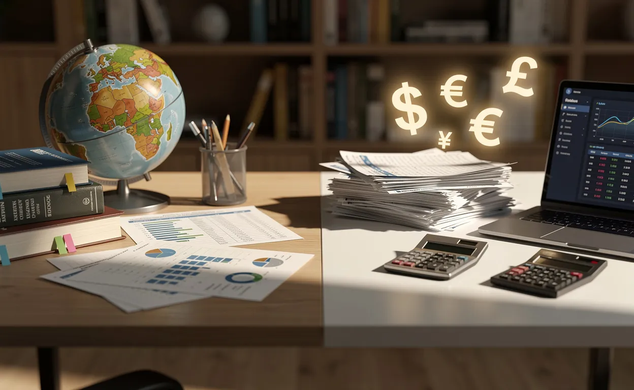 Deux bureaux voisins sont séparés par un rayon de soleil, l’un avec des livres économiques et un globe, l’autre avec des rapports financiers, des calculatrices et des symboles monétaires lumineux.