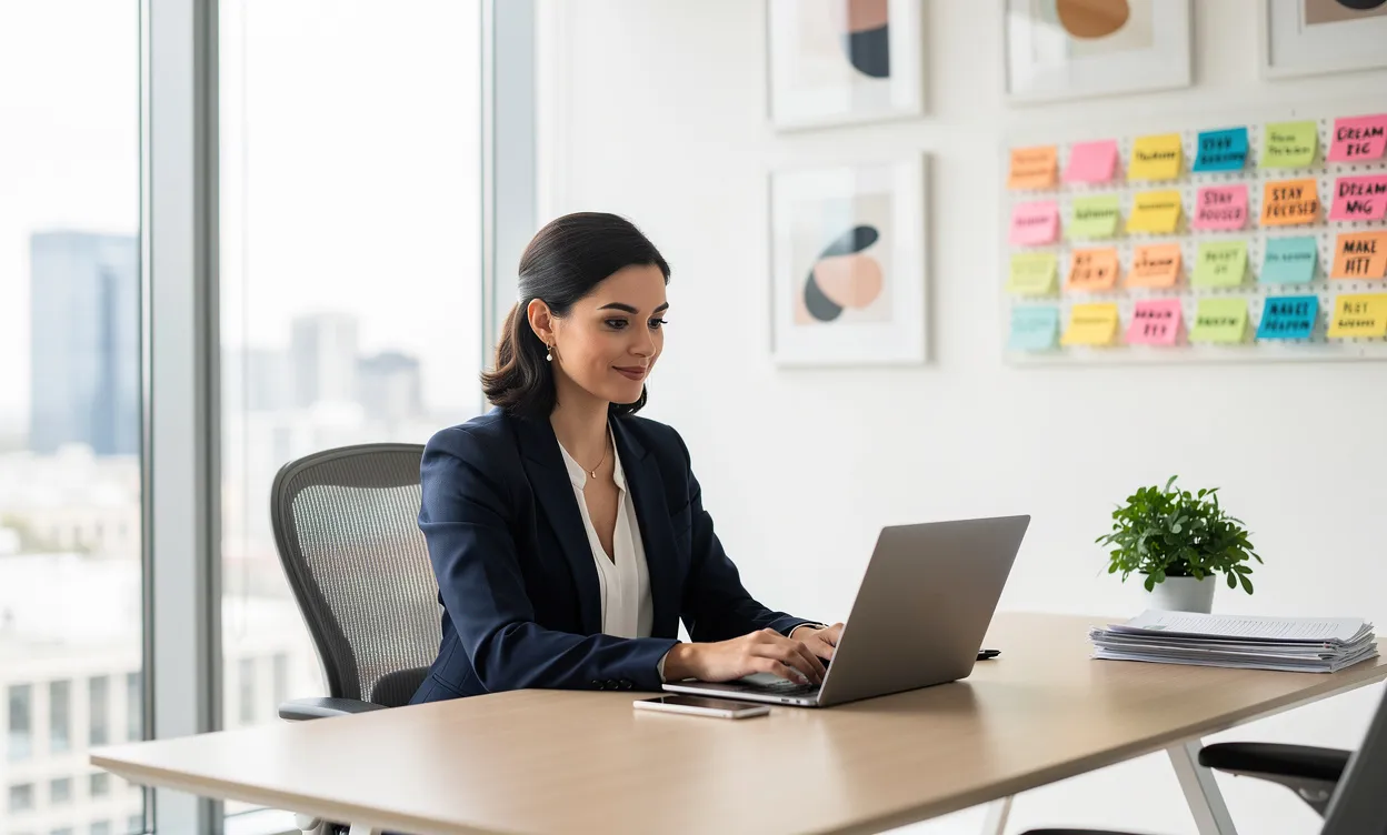 Une femme d’affaires travaille sur son ordinateur portable dans un bureau moderne éclairé par la lumière naturelle, entourée d’une décoration élégante et de notes de motivation épinglées au mur.