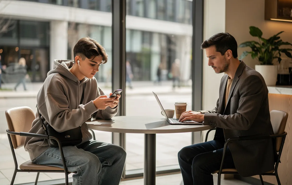 Deux jeunes adultes assis séparément dans un café moderne, l’un concentré sur son smartphone avec des écouteurs sans fil, l’autre sur un ordinateur portable avec un café à emporter.