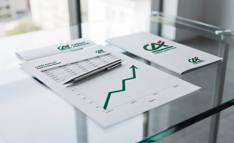 Documents financiers, logo Crédit Agricole, graphique de rendements obligataires et stylo argenté sur un bureau en verre sous lumière naturelle.