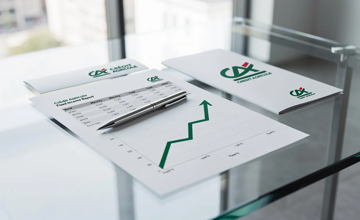 Documents financiers, logo Crédit Agricole, graphique de rendements obligataires et stylo argenté sur un bureau en verre sous lumière naturelle.