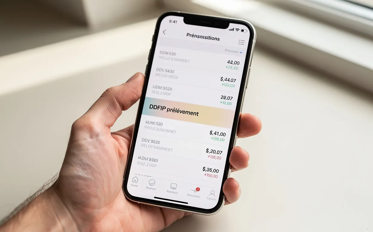 Main tenant un smartphone affichant une application bancaire avec une ligne de transaction DDFIP prélèvement sur un bureau épuré éclairé par la lumière du jour.