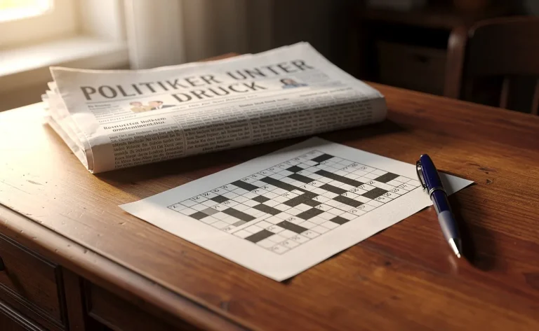 Un bureau en bois avec un mots croisés, un stylo et un journal allemand plié titrant sur des politiciens, le tout éclairé d’une douce lumière matinale.