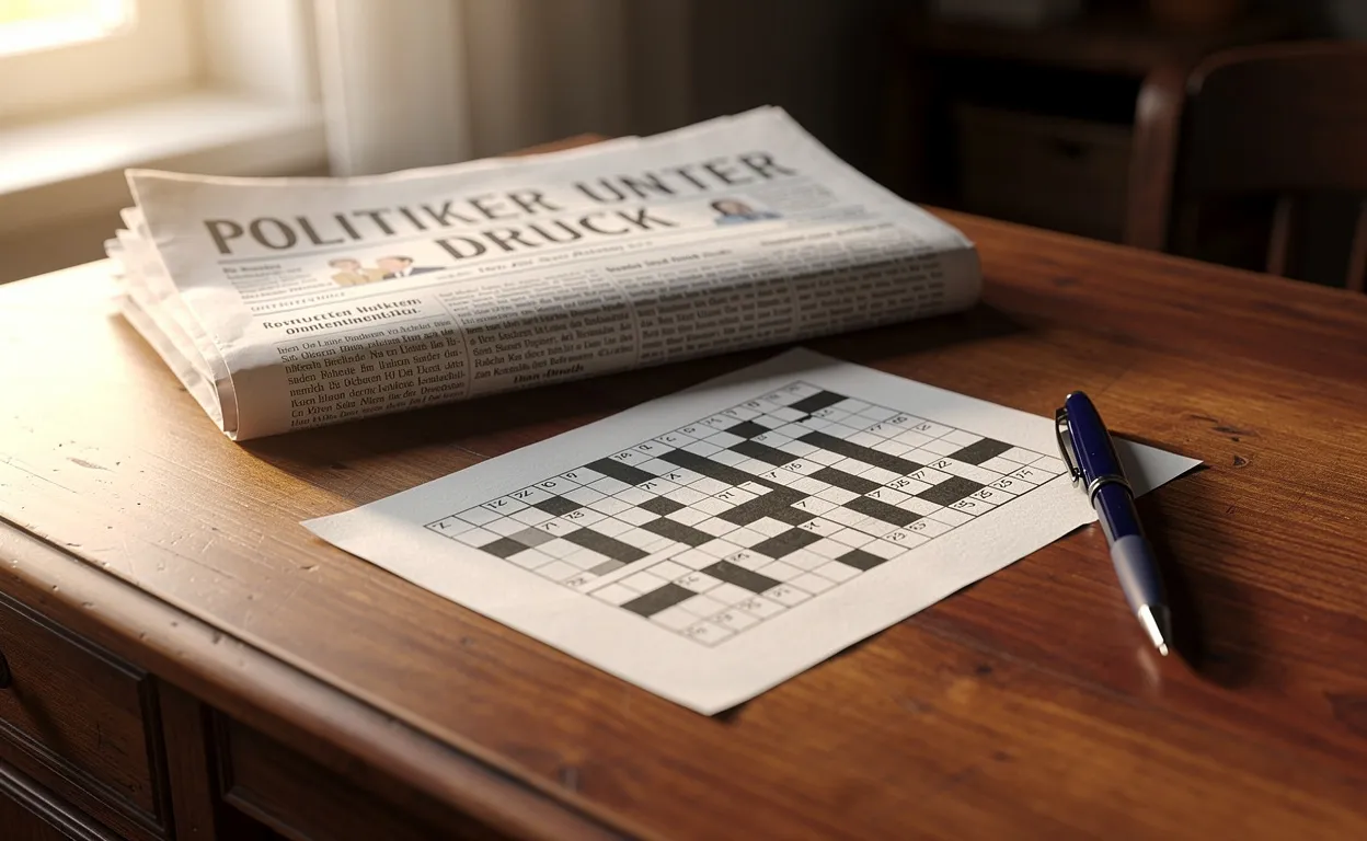 Un bureau en bois avec un mots croisés, un stylo et un journal allemand plié titrant sur des politiciens, le tout éclairé d’une douce lumière matinale.