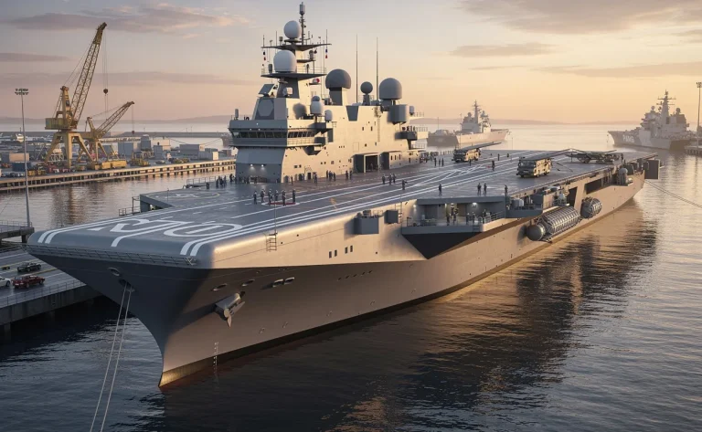 Le porte-avions PANG de nouvelle génération est amarré dans un chantier naval moderne au lever du soleil, avec des membres d’équipage visibles sur le pont.
