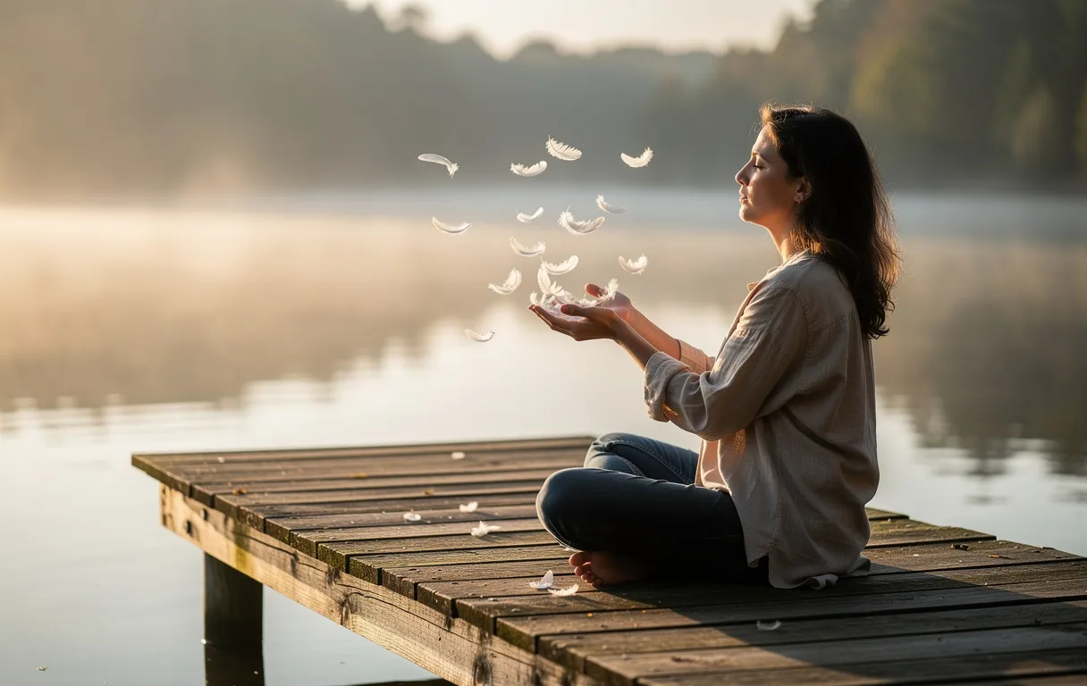 Une personne assise en tailleur sur un quai en bois laisse s’envoler des plumes blanches au-dessus d’un lac paisible dans la brume du matin.