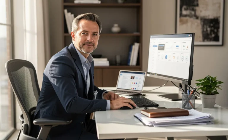 Un professionnel d’une quarantaine d’années travaille à un bureau moderne entouré d’appareils numériques et d’éléments de bureau classiques sous une lumière naturelle douce.