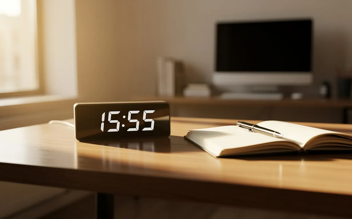 Un bureau moderne éclairé par la lumière dorée de l’après-midi, avec une horloge numérique affichant 15:55, un carnet ouvert et un stylo posés dessus.