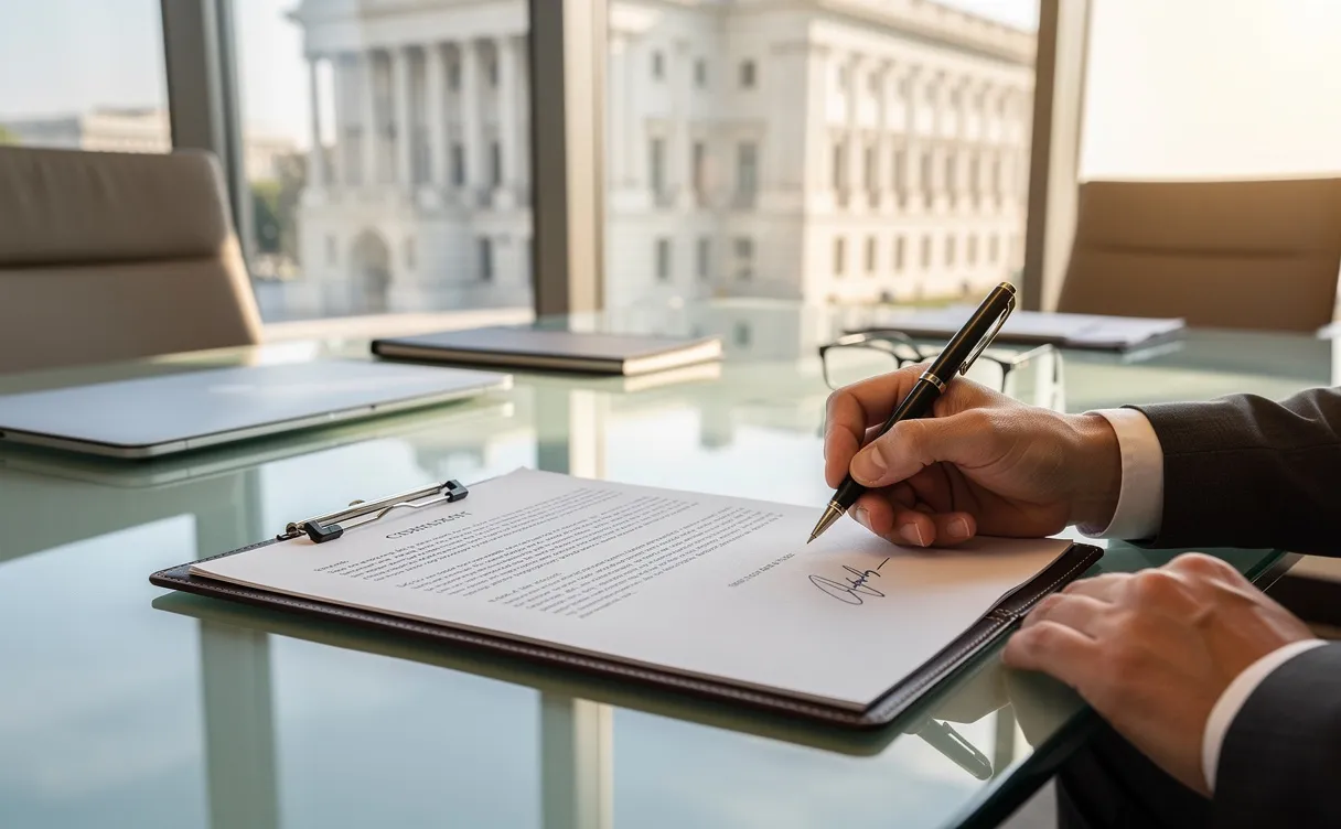 Une personne signe un contrat professionnel sur une table en verre dans un bureau lumineux avec une vue sur un bâtiment administratif.
