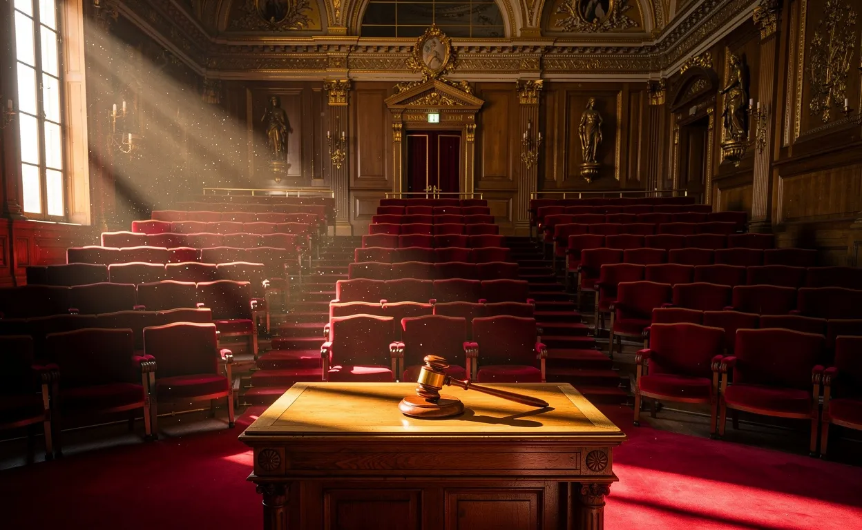 La salle vide de l’Assemblée nationale française avec des sièges rouges et un maillet posé sur le bureau central, éclairée par des rayons de soleil.