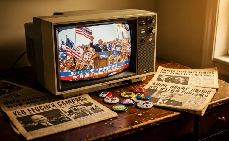 Un téléviseur ancien des années 1990 diffuse des images politiques, entouré de journaux épars et de badges de campagne sur un bureau en bois baigné d’une lumière chaleureuse.
