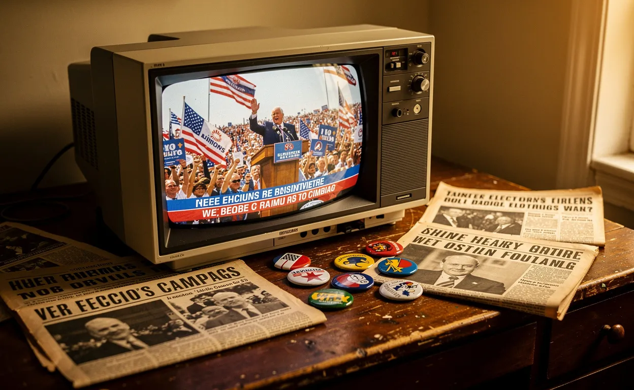 Un téléviseur ancien des années 1990 diffuse des images politiques, entouré de journaux épars et de badges de campagne sur un bureau en bois baigné d’une lumière chaleureuse.