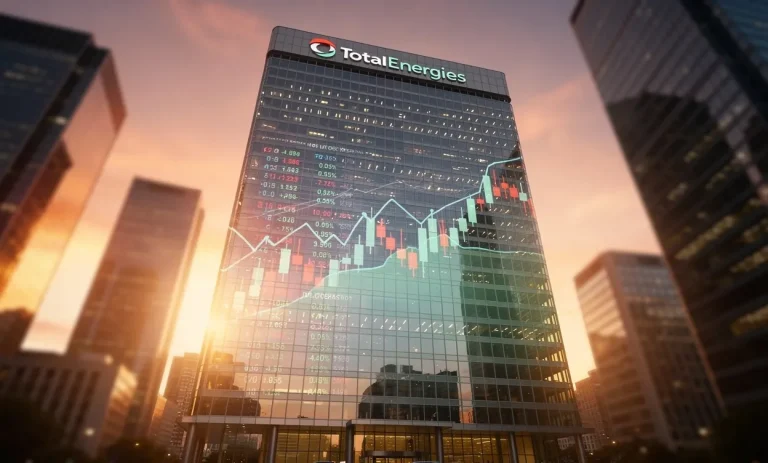 Le siège de TotalEnergies se dresse devant une ville moderne au coucher du soleil, avec des graphiques financiers projetés sur sa façade en verre.