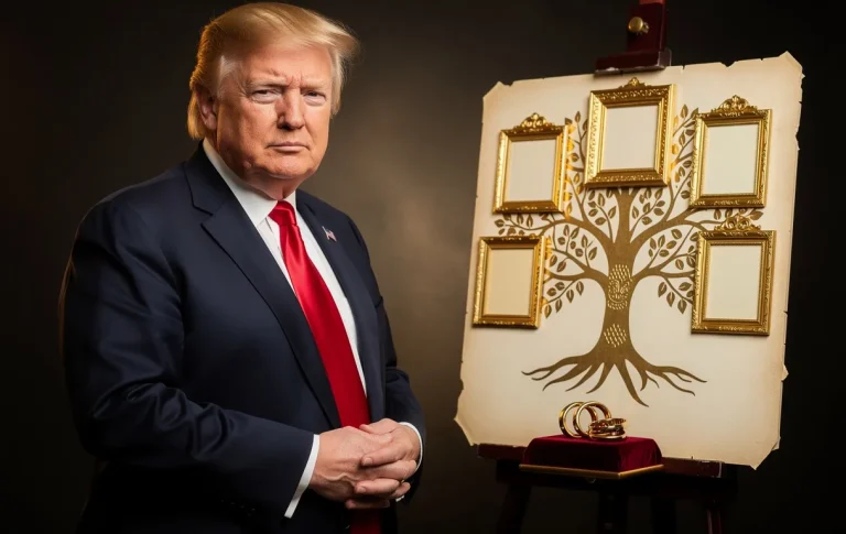 Un portrait photoréaliste de Donald Trump debout à côté d’un arbre généalogique élégant montrant cinq branches dorées pour ses enfants et trois alliances entremêlées à la base.
