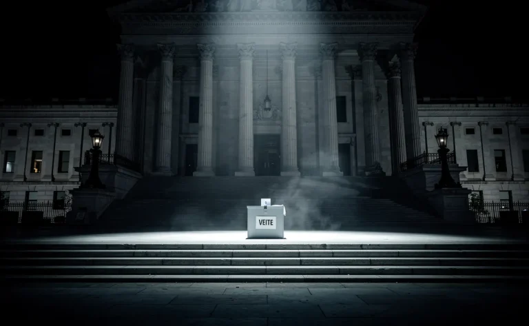 Un bâtiment gouvernemental imposant la nuit avec une urne éclairée sur des marches vides et l’entrée dans l’ombre.