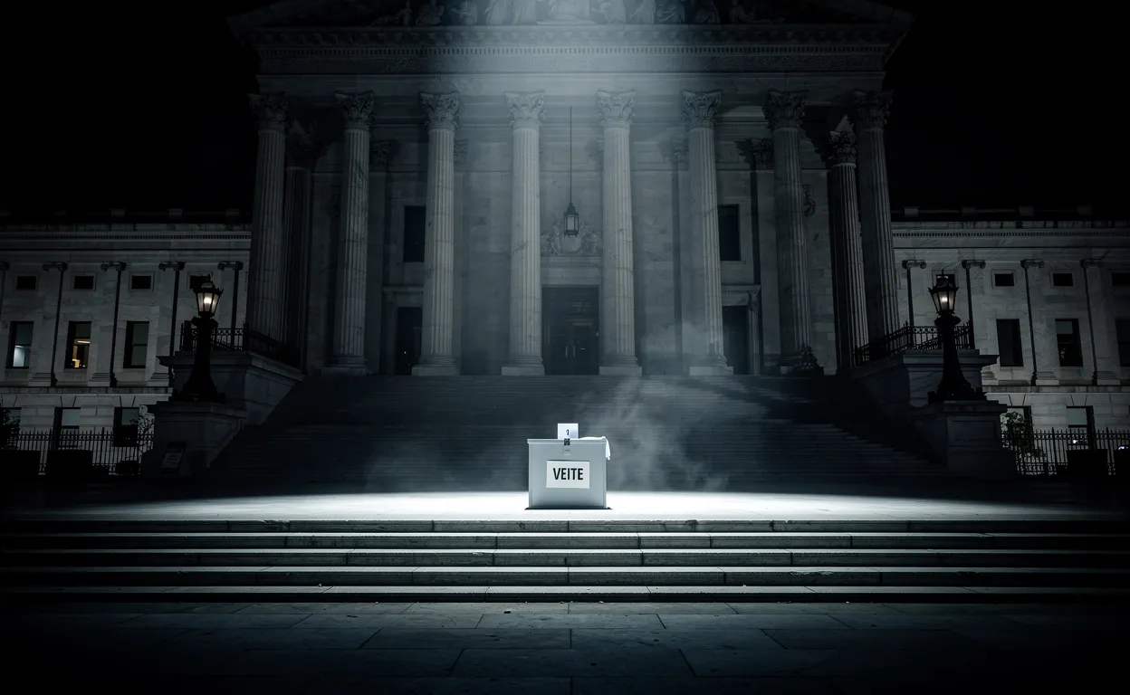 Un bâtiment gouvernemental imposant la nuit avec une urne éclairée sur des marches vides et l’entrée dans l’ombre.