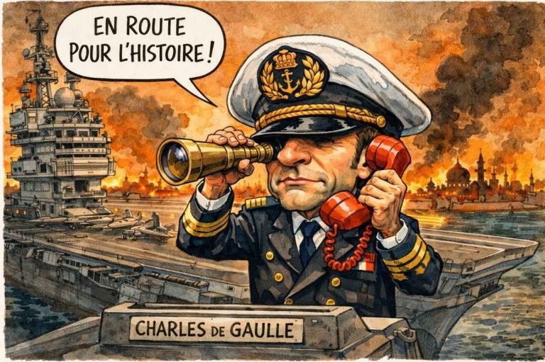 Caricature d'Emmanuel Macron en capitaine de navire sur le pont du Charles de Gaulle, tenant une longue-vue et un téléphone rouge, avec une bulle dialogue "En route pour l'Histoire !".