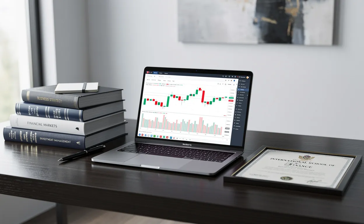 Un bureau moderne éclairé par la lumière naturelle présente un ordinateur affichant des graphiques financiers, des livres sur les affaires et un diplôme posé sur le bureau.
