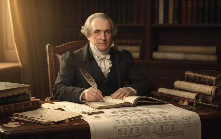Portrait de David Ricardo assis à un bureau ancien entouré de manuscrits économiques et de plans d’architecture, sous une lumière dorée.
