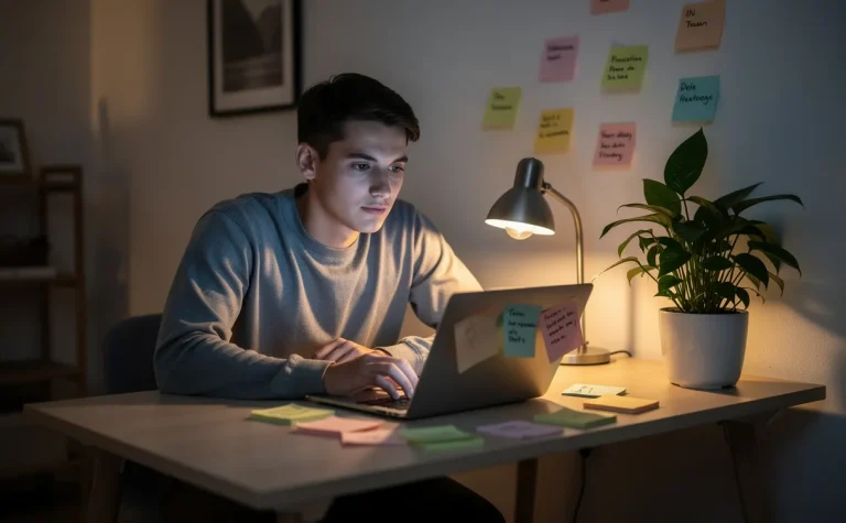 Un jeune entrepreneur travaille sur une stratégie de marketing digital à son bureau chez lui, éclairé par un écran d’ordinateur et une lampe, entouré de notes autocollantes et d’une plante.