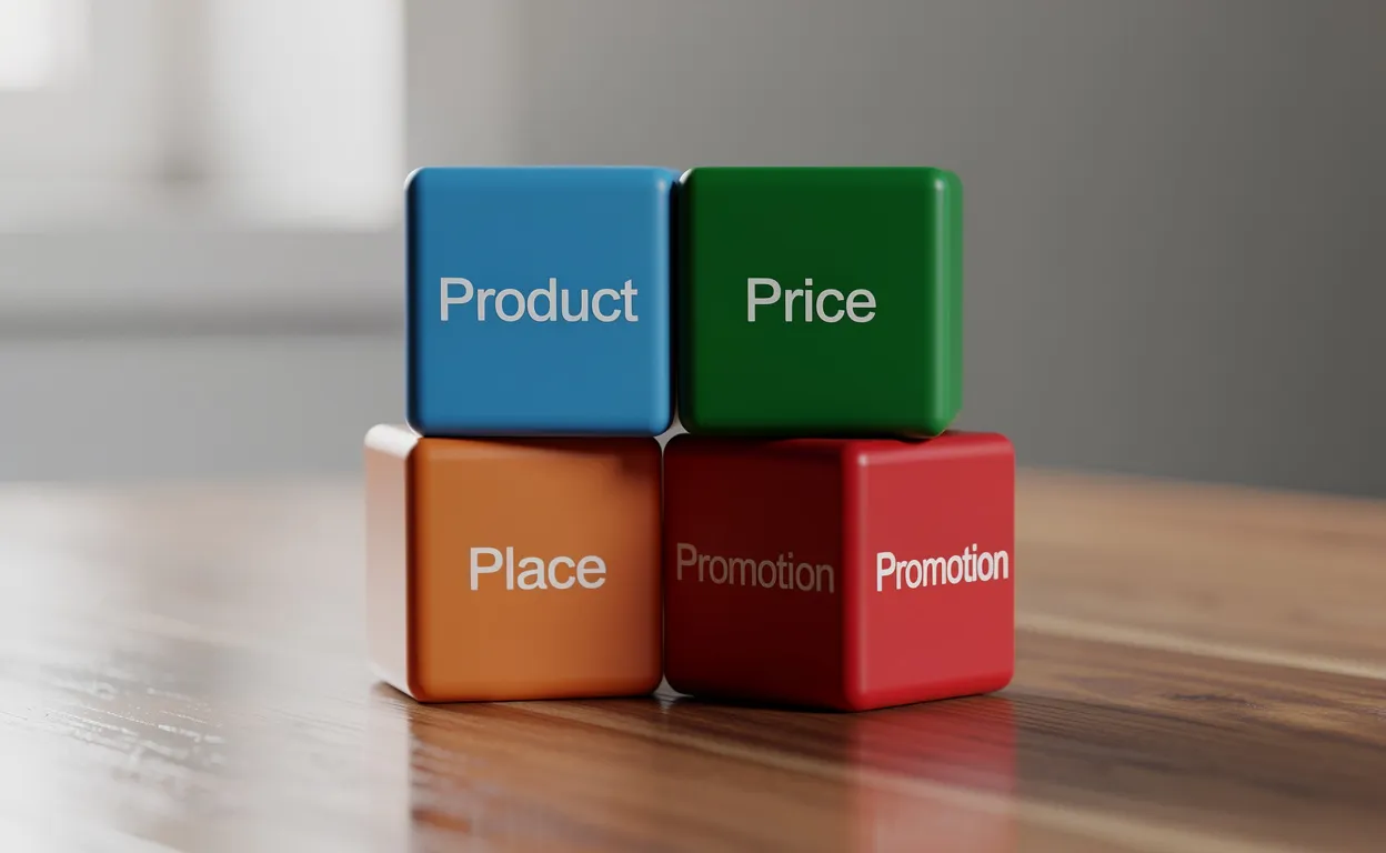 Quatre cubes colorés marqués Produit, Prix, Place et Promotion sont posés en équilibre sur une table en bois sous une lumière naturelle douce.