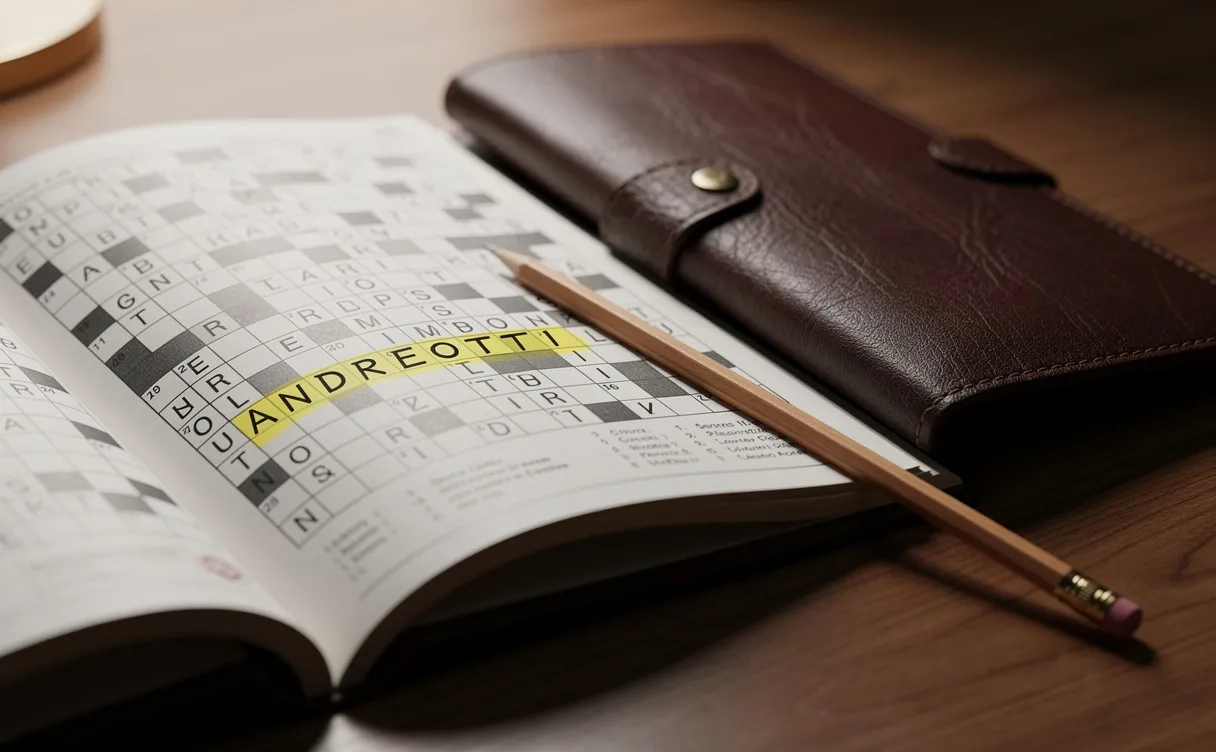 Un livre de mots croisés en cuir ouvert sur un bureau en bois avec un crayon et le mot "ANDREOTTI" mis en évidence sur la grille.