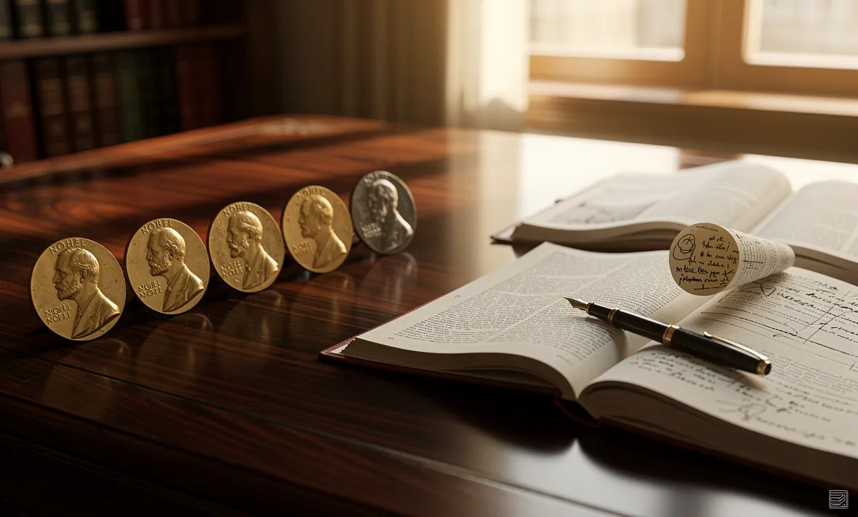 Cinq médailles du prix Nobel vintage sont posées sur un bureau en bois élégant à côté de manuscrits économiques ouverts sous une lumière dorée.