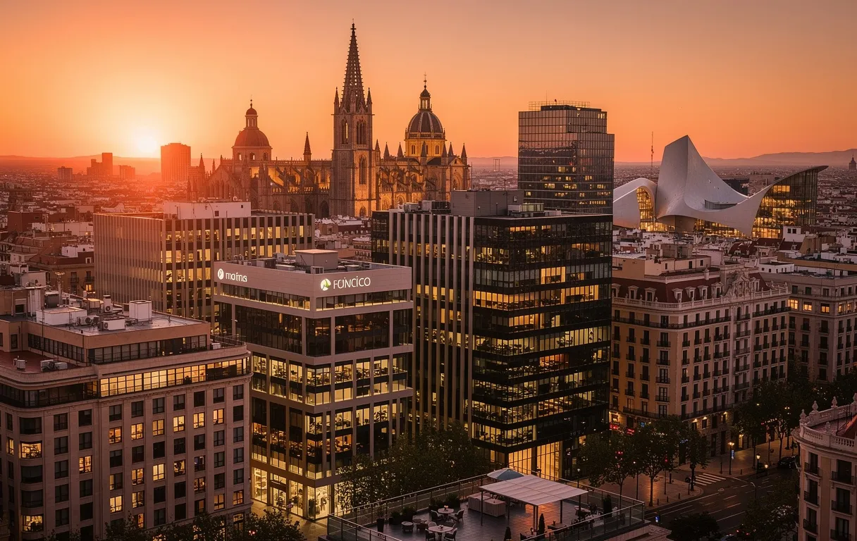 Un panorama urbain d'une ville espagnole moderne au coucher du soleil, avec gratte-ciel, entreprises florissantes et monuments emblématiques sous une lumière dorée.