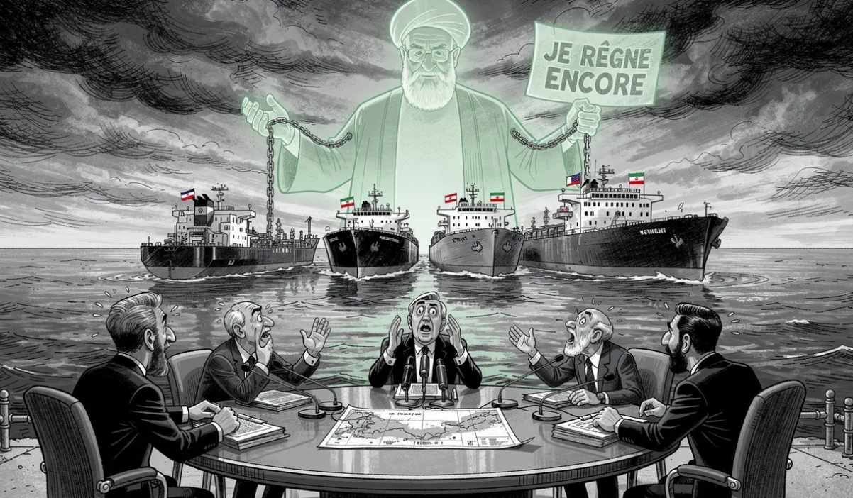 Caricature du fantôme de Khamenei flottant au-dessus du détroit d'Ormuz tenant des chaînes reliées aux pétroliers bloqués, pendant que des diplomates négocient en dessous sans le voir, style dessin de presse noir et blanc.