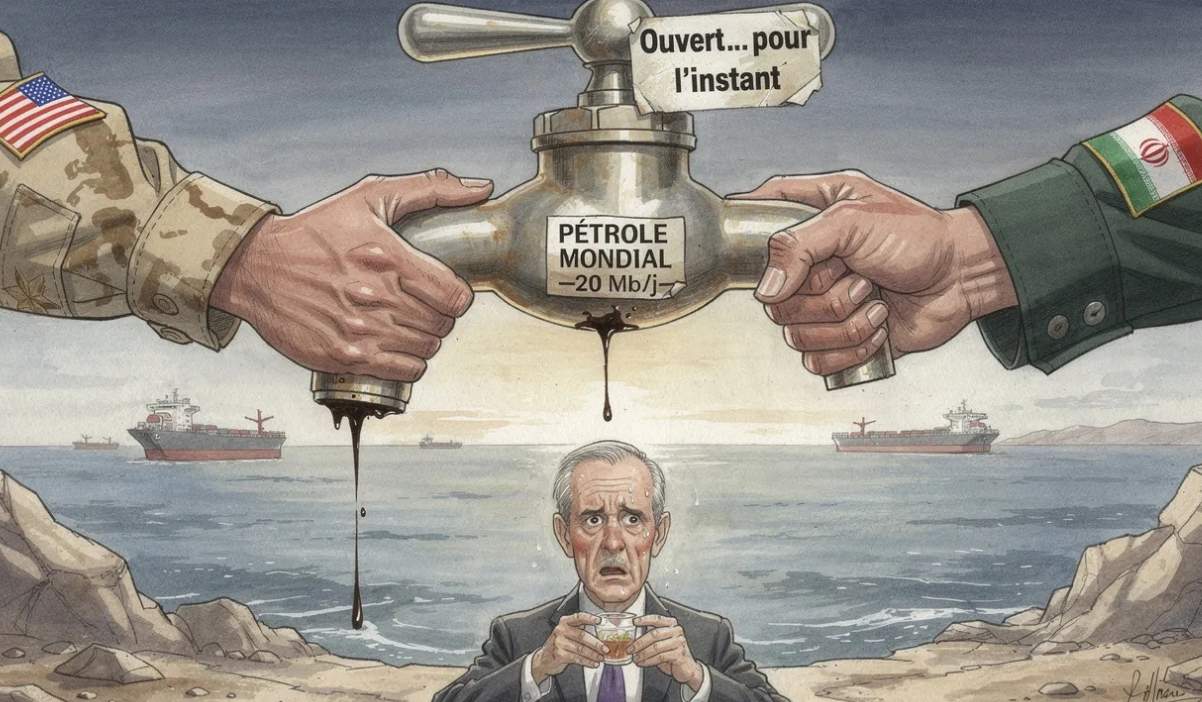Caricature d'un robinet géant représentant le détroit d'Ormuz tenu par un militaire américain et un gardien iranien tirant dans des sens opposés, un Européen recueillant le maigre débit, style aquarelle politique.