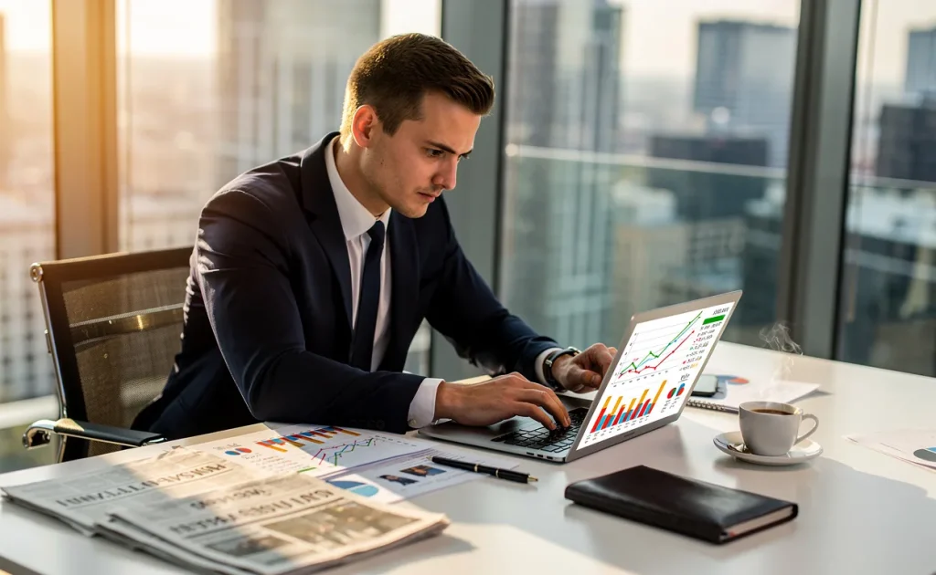 Une personne d'affaires consulte des graphiques financiers sur un ordinateur portable dans un bureau moderne, avec journaux et tasse de café, éclairée par la lumière du matin.