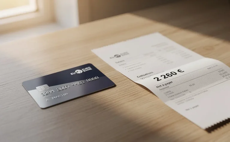 Une carte bancaire posée sur un bureau en bois à côté d’une fiche de paie affichant 2260 euros, baignée par une lumière douce de l’après-midi.