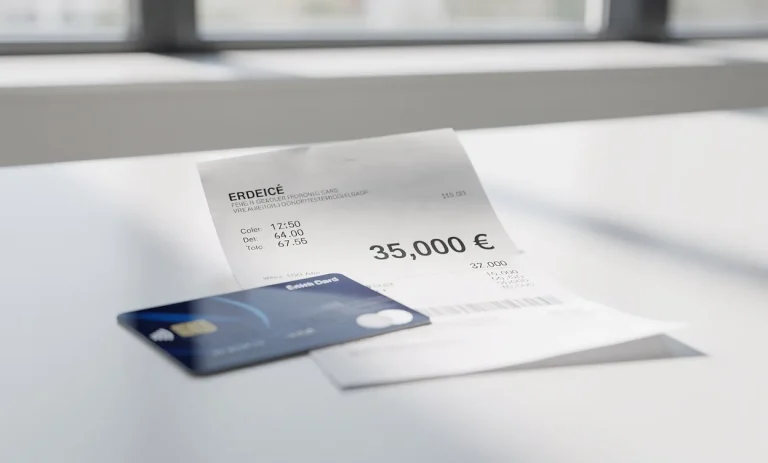 Un bulletin de paie affichant 35 000 euros posé près d'une carte bancaire sur un bureau moderne éclairé par la lumière du jour.