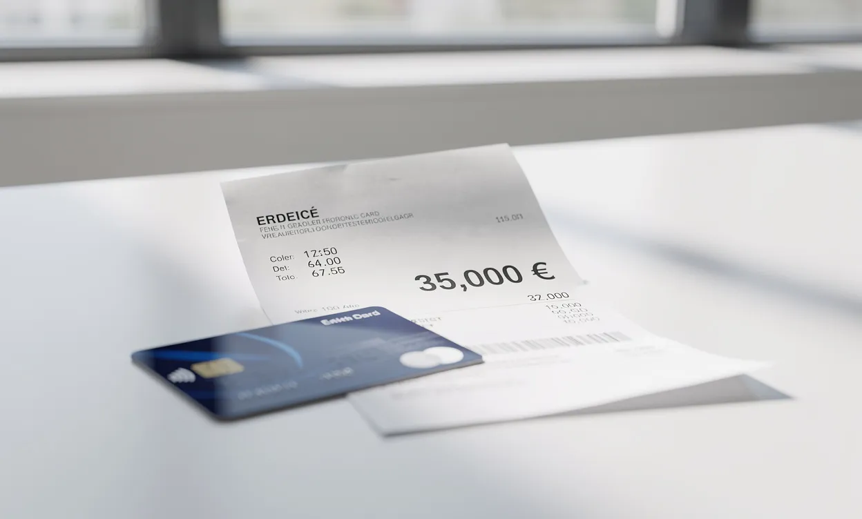 Un bulletin de paie affichant 35 000 euros posé près d'une carte bancaire sur un bureau moderne éclairé par la lumière du jour.