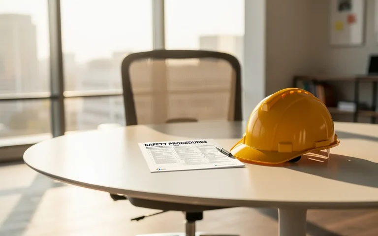 Table ronde dans un bureau moderne éclairé par le soleil, avec une chaise vide, un document de sécurité officiel et un casque de chantier jaune posés dessus.