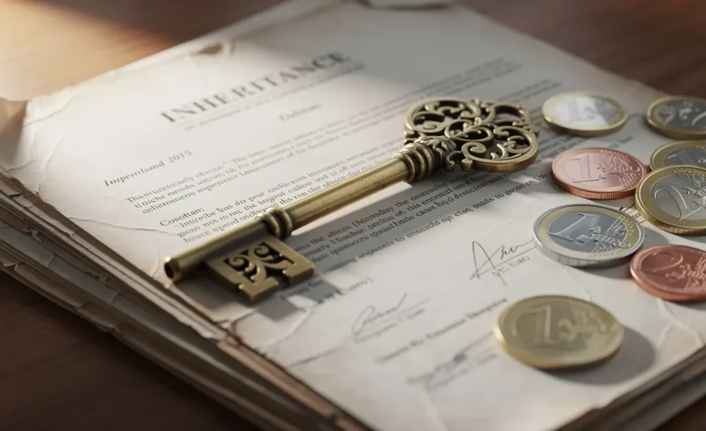 Une clé ancienne repose sur des documents d’héritage entourés de pièces en euros, sous une lumière matinale douce.