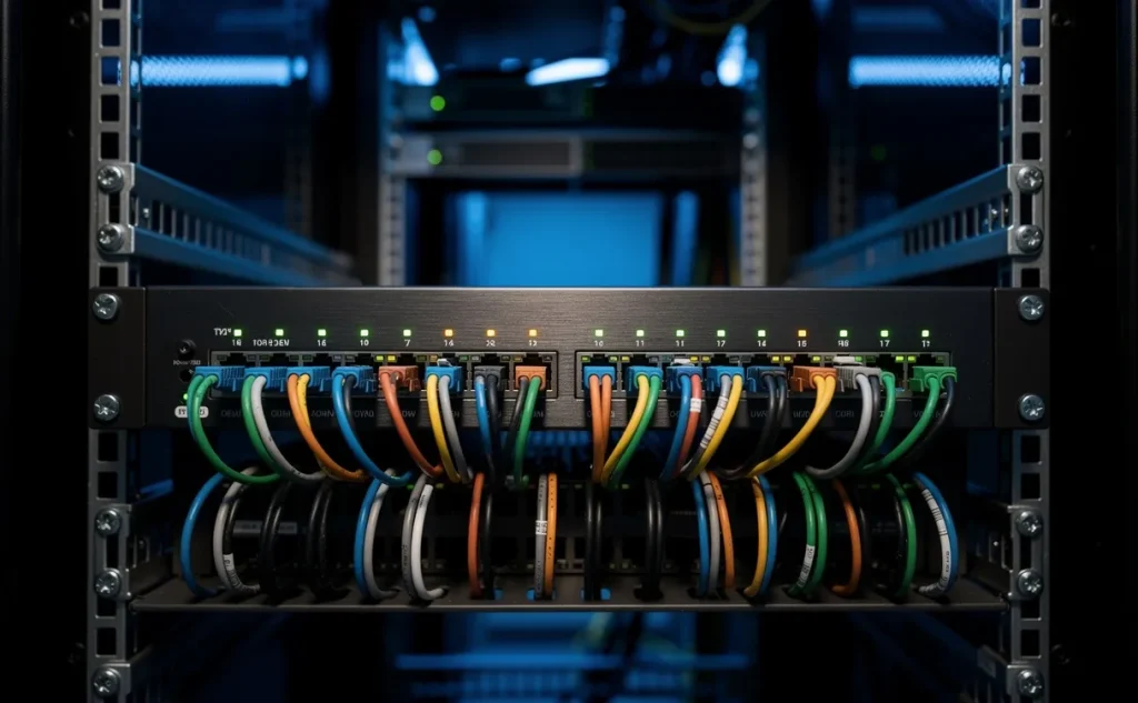 Un switch réseau moderne posé au centre d’une salle serveurs avec des voyants lumineux allumés et des câbles Ethernet soigneusement rangés.