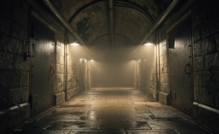 Un couloir en pierre faiblement éclairé sous un ancien bâtiment parlementaire avec des portes en fer, des ombres mystérieuses et des tuyaux le long des murs.
