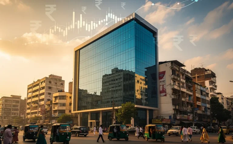 Un bâtiment moderne en verre se dresse dans une ville indienne animée, avec un graphique numérique et des symboles de roupie intégrés dans le ciel au coucher du soleil.