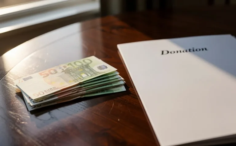 Une liasse de billets en euros est posée à côté d’un document intitulé Donation sur une table en bois éclairée par la lumière du soleil.